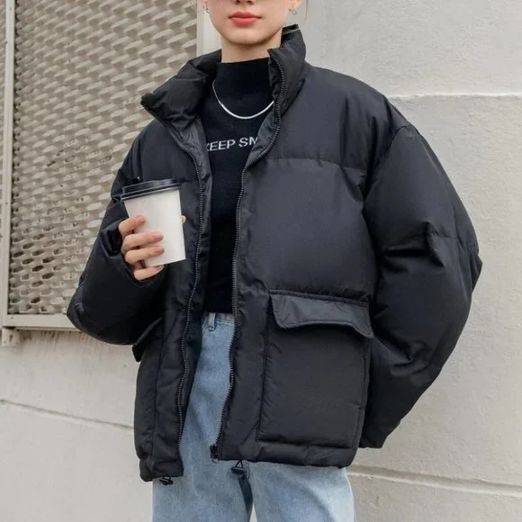 Contemporary Zip up Drawstring Hem Flap Pocket Puffer Coat Comfy fall winter - Picture 4 of 11